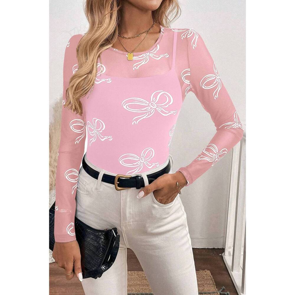 NEW SHEWIN roundneck bow print long sleeve mesh top in pink